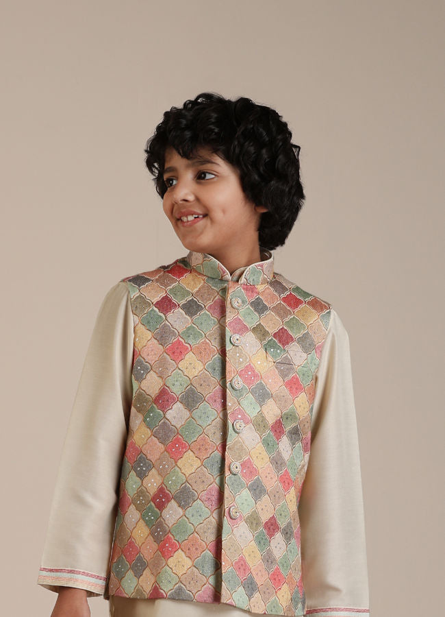 Manyavar Boys Sand Beige Trellis Multi-coloured Patterned Jacket Set - India shopping
