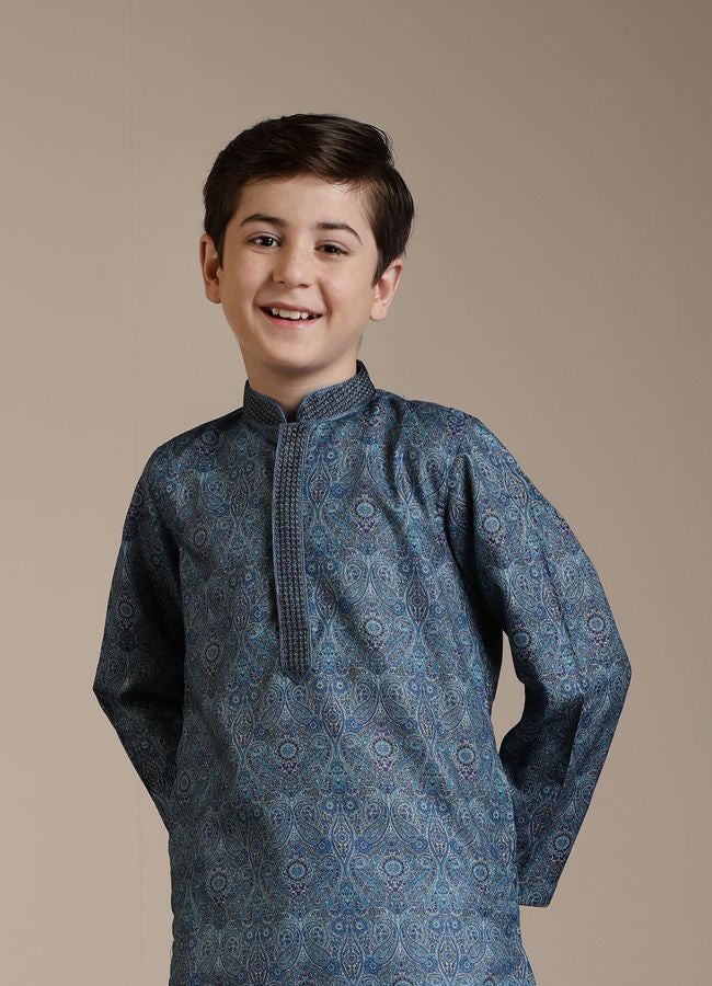 Manyavar Boys Mid Blue Imperial Paisley Patterned Kurta Set - India shopping