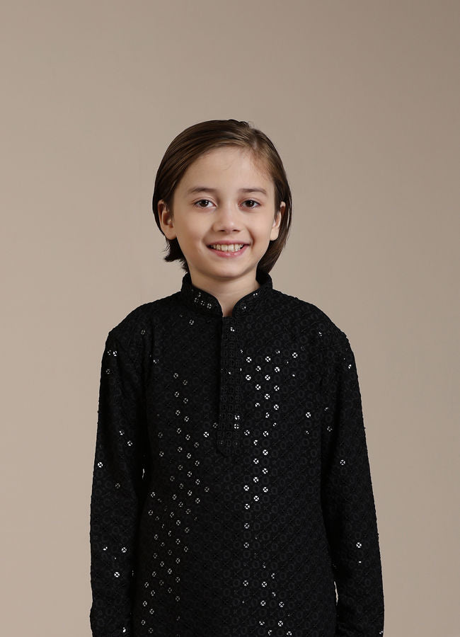 Manyavar Boys Black Sequinned Chikankari Kurta Set - India shopping
