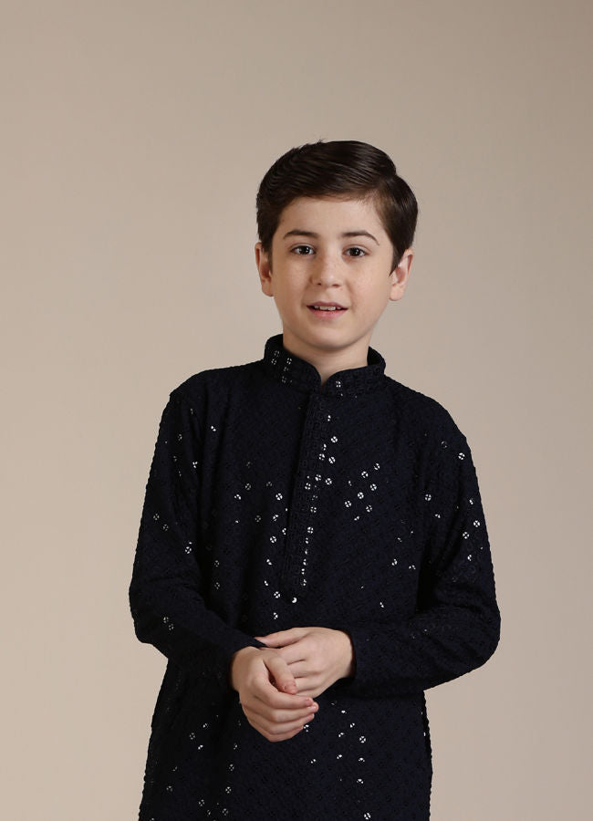 Manyavar Boys Mid Blue Sequinned Chikankari Kurta Set - India shopping
