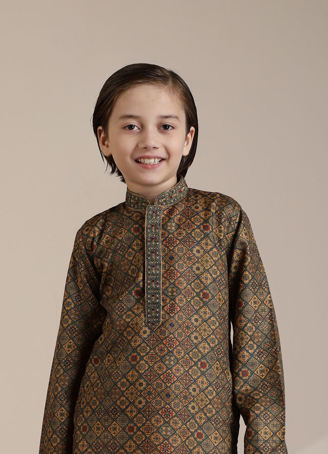 Manyavar Boys Dark Green Mustard Chowkadi Motifs Kurta Set - India shopping