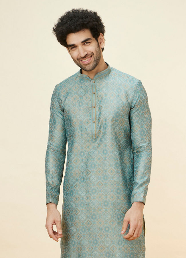 Manyawar Sage Green Lattice Patterned Kurta Set - India shopping