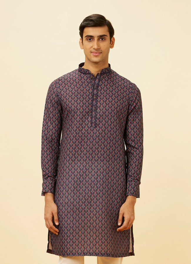 Manyawar Deep Blue Floral String Printed Kurta Set - India shopping