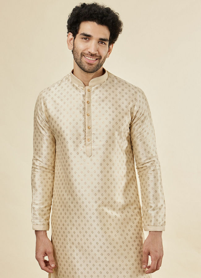 Manyawar Biscuit Cream Shankh Patterned Kurta Set - India shopping
