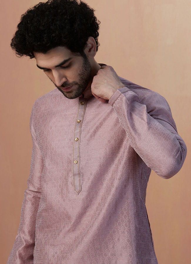 Manyawar Light Pink Jacquard Kurta Pajama - India shopping