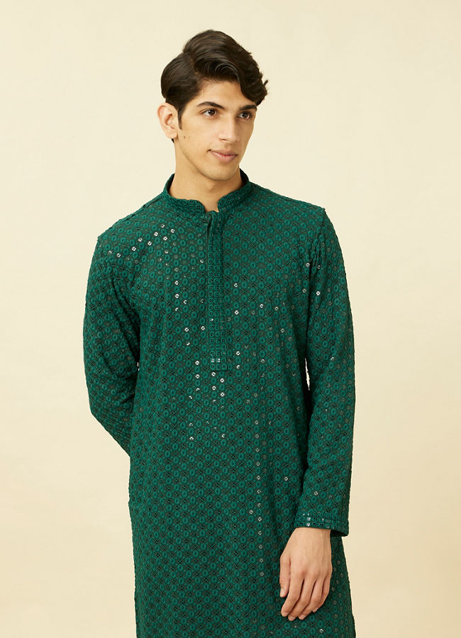 Manyawar Forest Green Chikankari Embroidered Sequined Kurta Set - India shopping