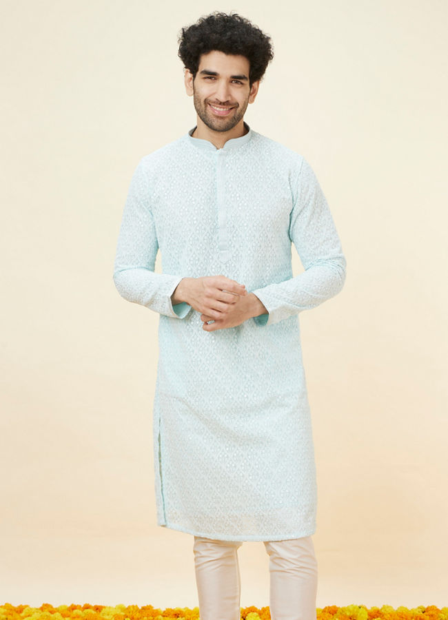 Manyawar Light Blue Sequin Embroidered Kurta Pajama - India shopping
