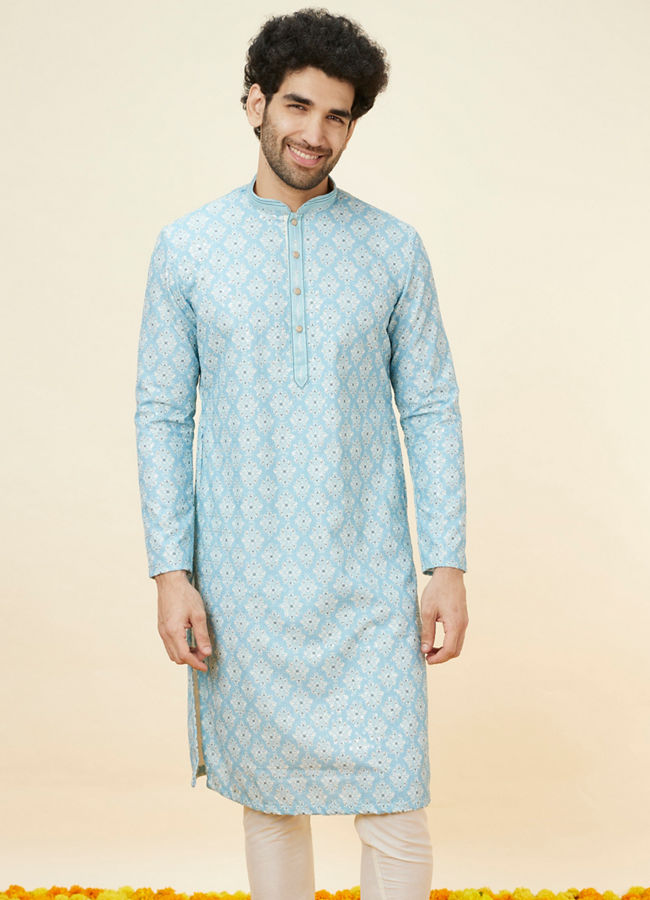 Manyawar Soft Blue Medallion Print Kurta Set - India shopping