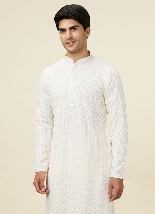 Manyawar Bright Cream Floral Chikankari Embroidered Kurta Set - India shopping