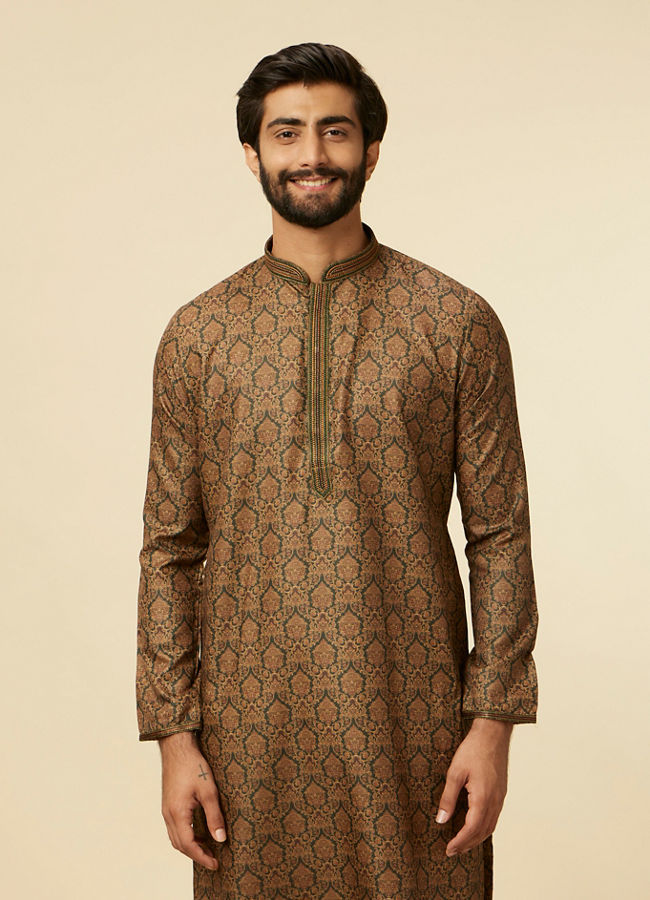 Manyawar Dark Green Paisley Printed Kurta Set - India shopping