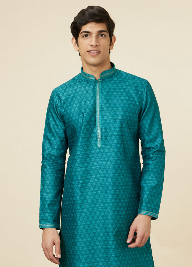 Manyawar Peacock Green Jaal Patterned Kurta Set - India shopping