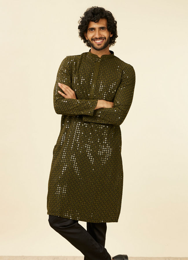 Manyawar Olive Green Chikankari Kurta Set - India shopping
