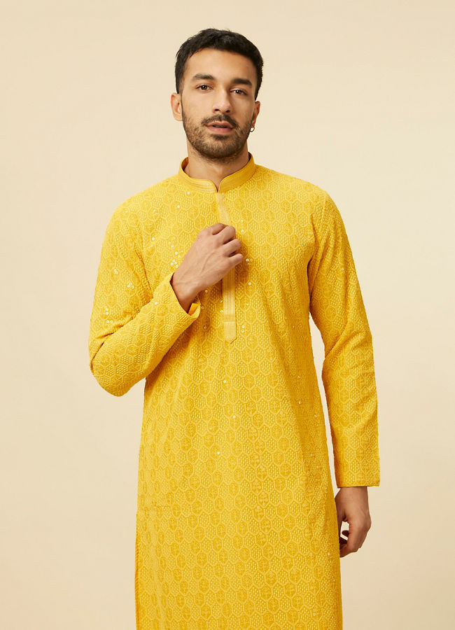 Manyawar Vibrant Yellow Chikankari Embroidered Kurta Set - India shopping