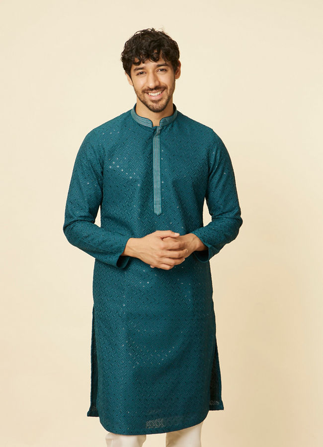 Manyawar Teal Green Grid Patterned Chikankari Kurta Set - India shopping