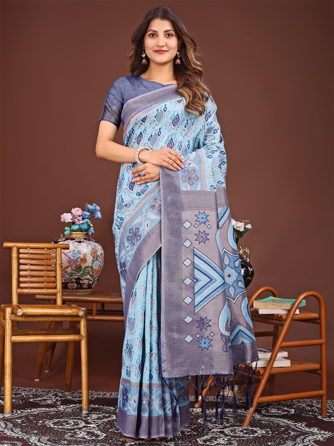 Chandni Veil Linen Cotton Saree | Sky Blue Color | Ready To Wear SKU- ASKRI1002