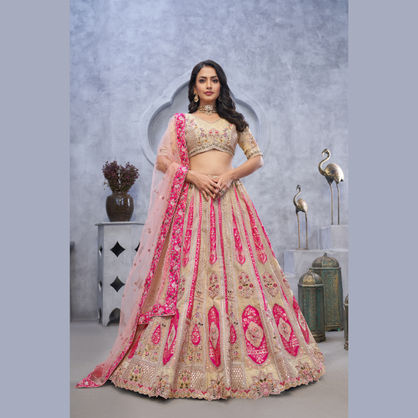 Beautiful Organza Silk Intricate Paisley Motifs Traditional Embroidered Wedding Lehenga Choli With Soft Net Dupatta | Ready To Wear