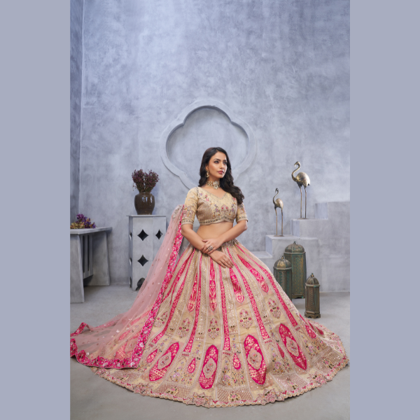 Beautiful Organza Silk Intricate Paisley Motifs Traditional Embroidered Wedding Lehenga Choli With Soft Net Dupatta | Ready To Wear