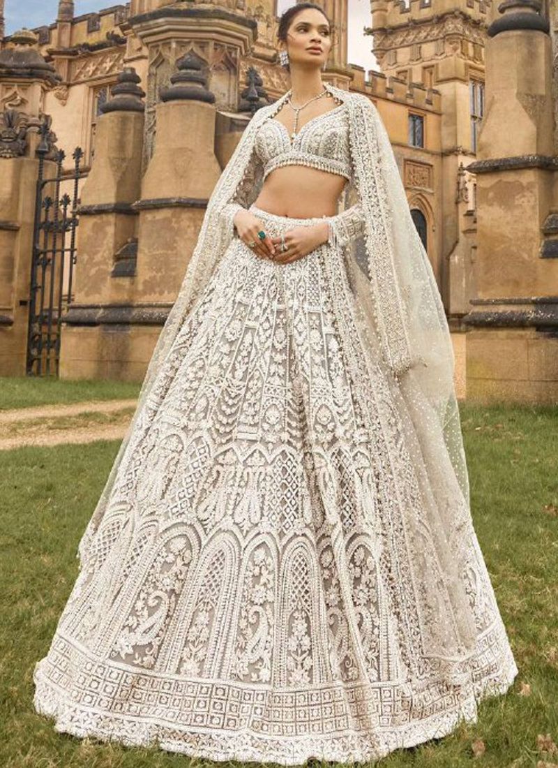 Off-White Net Thread Work Lehenga Choli With V-Neck | Ready To Wear