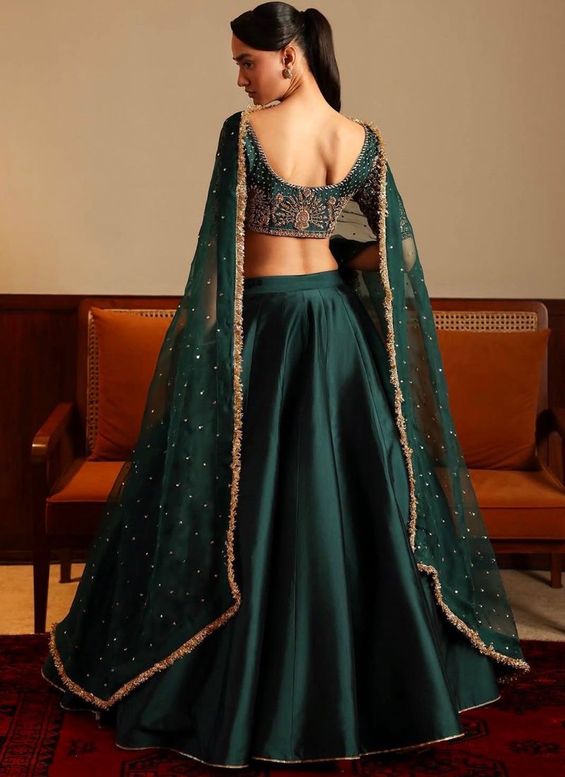 Green Malai Satin Silk Stone Work Lehenga Choli | Ready To Wear