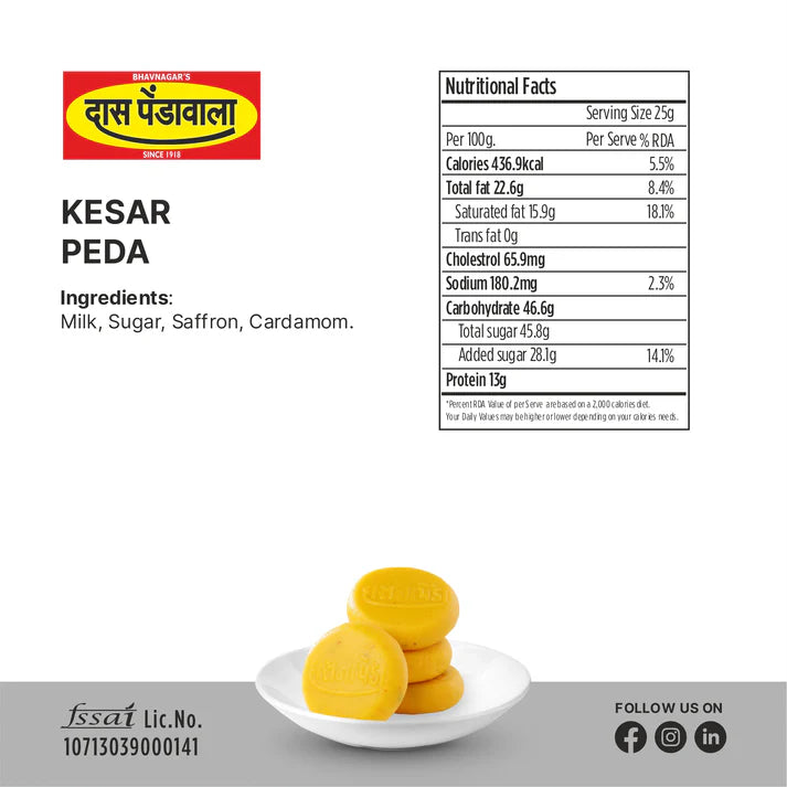 Das Pendawala Kesar Danedar Peda – 500g | Premium Saffron Milk Sweets | Individually Packed for Freshness