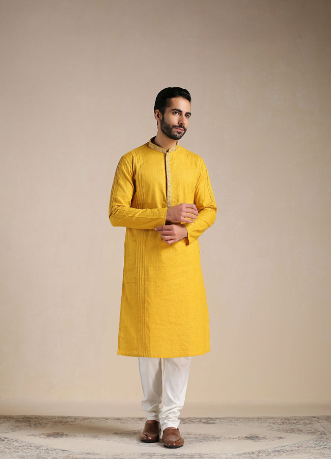 Manyawar Orange Pop Pintuck Striped Kurta Set - India shopping