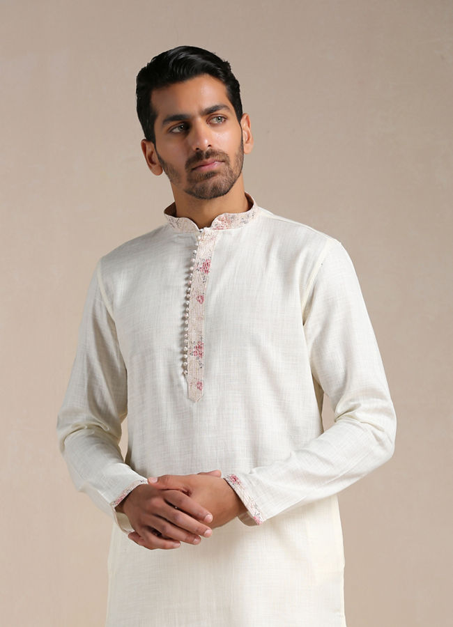 Manyawar Off-white Contrast Placket Kurta Set - India shopping