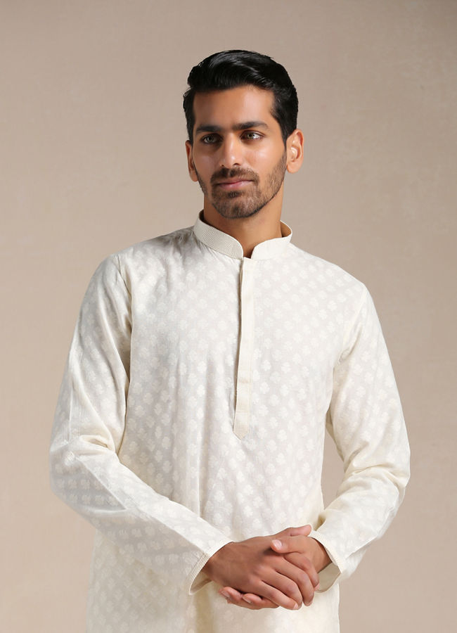 Manyawar Sand White Jacquard Patterned Kurta Set - India shopping