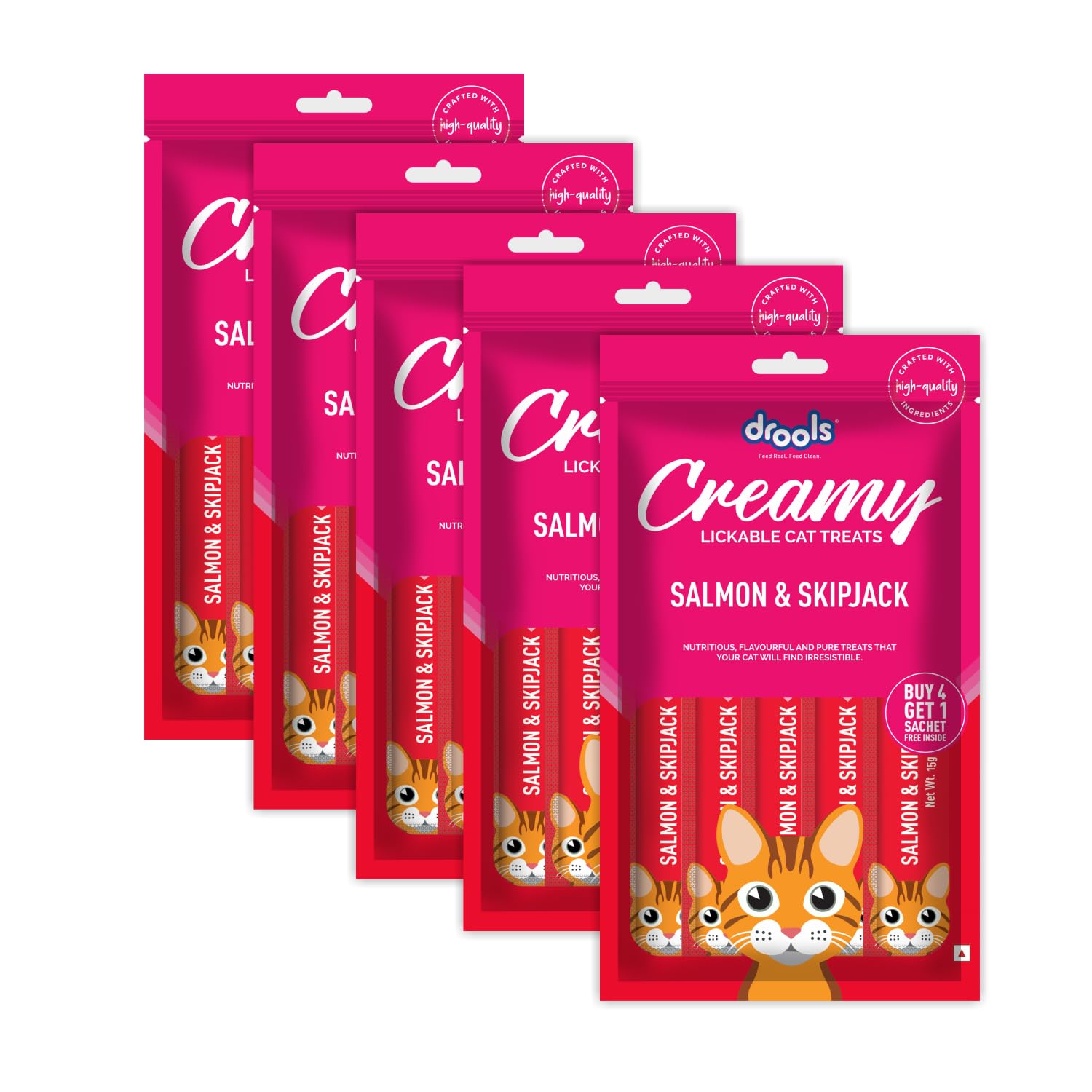 Drools Creamy Lickable Cat Treat for Cats – Salmon & Skipjack, 75gms x 5 Sachets- Set Of 5