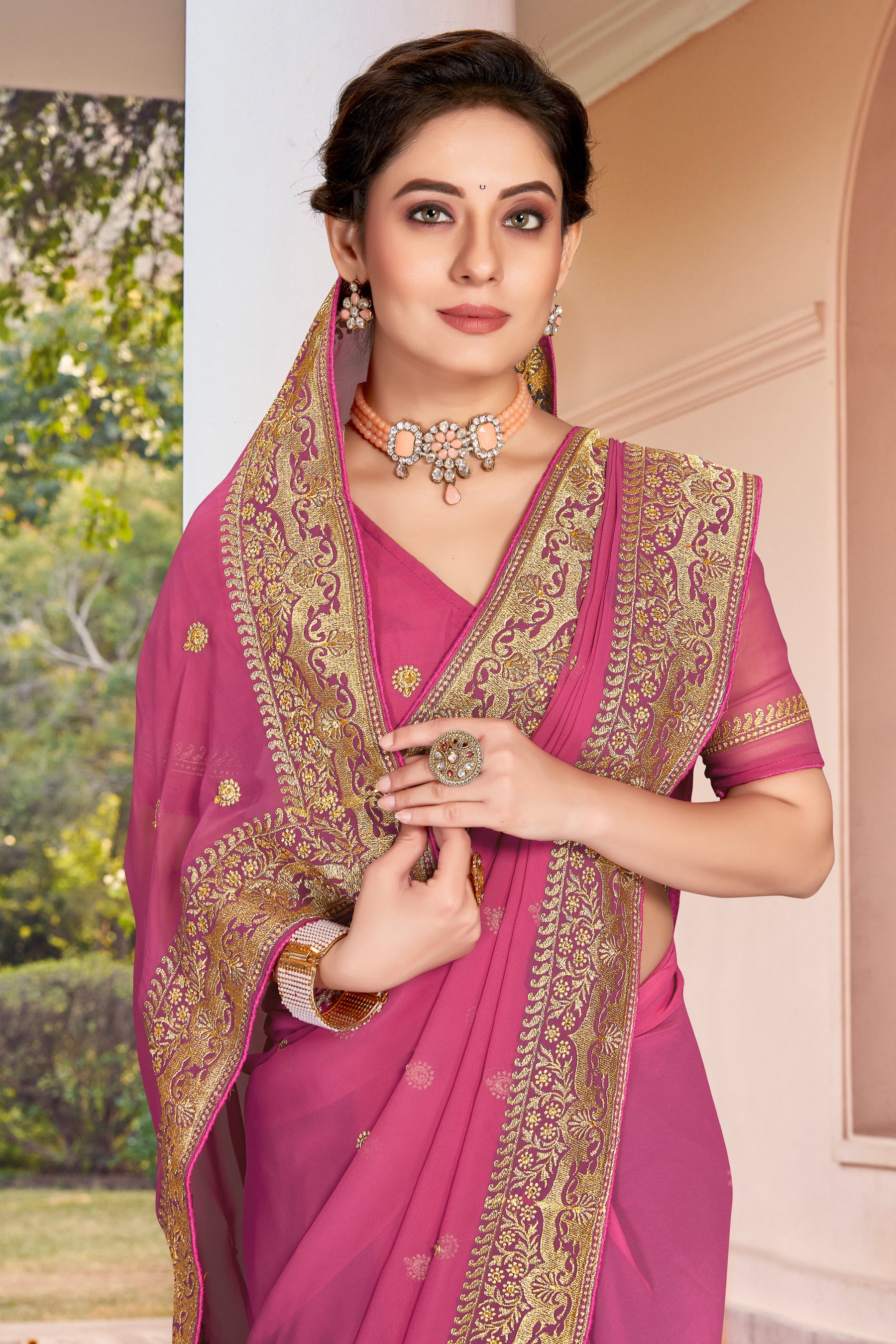 Dusty Gajari Heavy Jari Embroidered Ready-to-Wear Saree