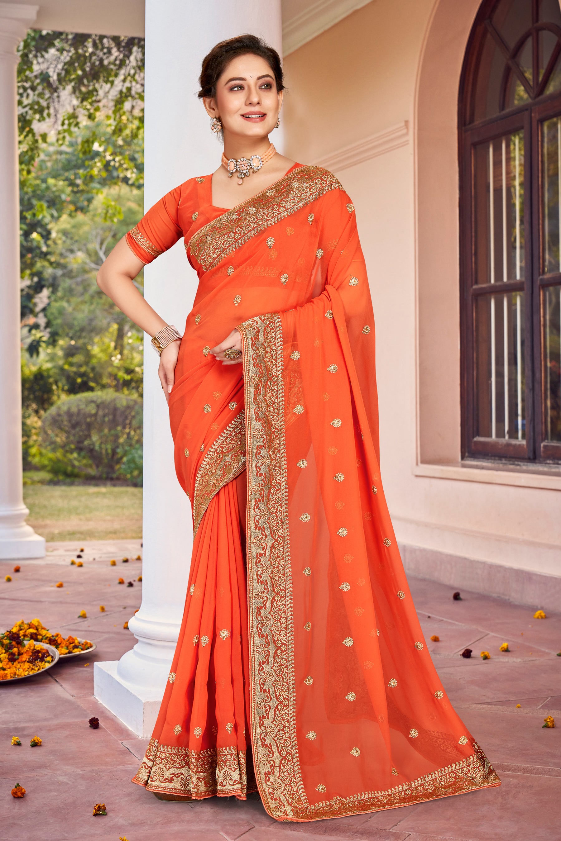 Dusty Peach Heavy Jari Stone Work Ready-to-Wear Saree