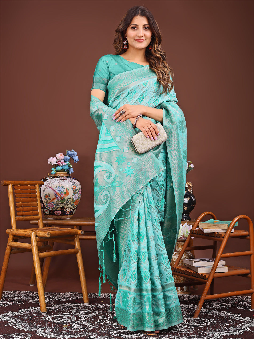 Eira Loom Linen Cotton Saree | Sea Green Color | Ready To Wear SKU- ASKRI1003