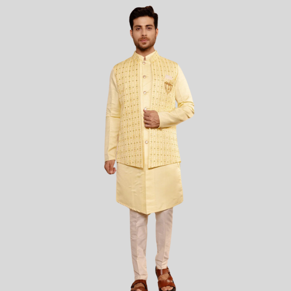 Embroidery Jodhpuri Yellow Colour Jacket with Kurta Pajama