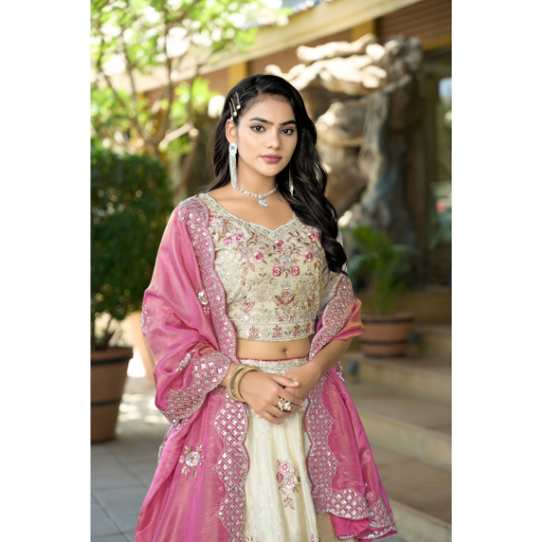 Ethereal Bloom | Off-White Jacquard Bridal Lehenga Set | Ready To Wear| Code-5045