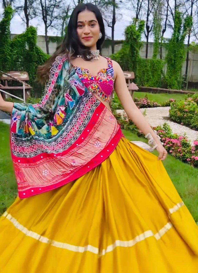 Pink & Yellow Slub Silk Lehenga Choli With Multi-Sequin Work | Ready To Wear