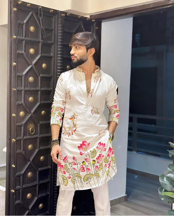 Meraki Ethnic White Pichwai Cow Kurta Pajama | Ready To Wear