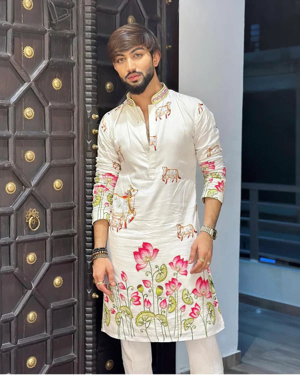 Meraki Ethnic White Pichwai Cow Kurta Pajama | Ready To Wear