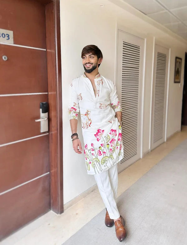 Meraki Ethnic White Pichwai Cow Kurta Pajama | Ready To Wear