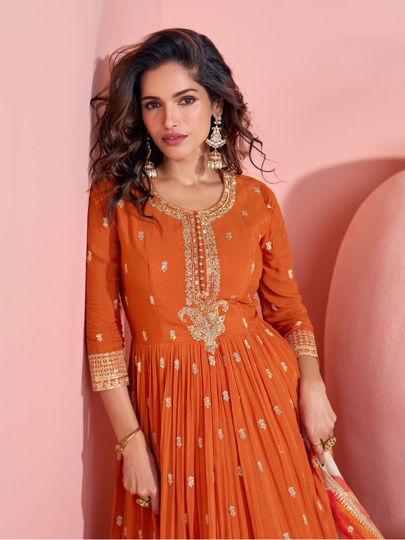 Orange Suit With Embroidery Work | Ready To Wear