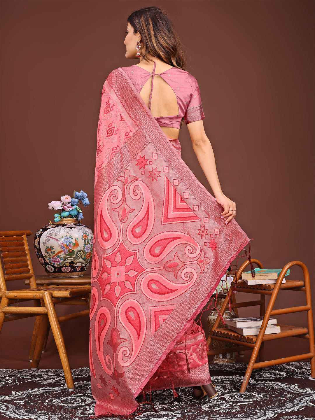 Gulbana Grace Linen Cotton Saree | Peach Color | Ready To Wear SKU- ASKRI1006