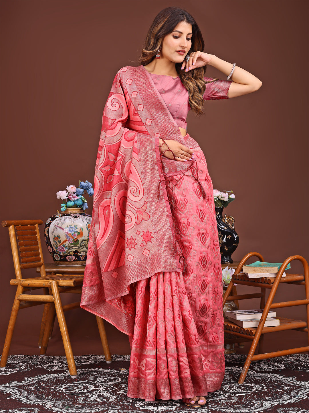 Gulbana Grace Linen Cotton Saree | Peach Color | Ready To Wear SKU- ASKRI1006