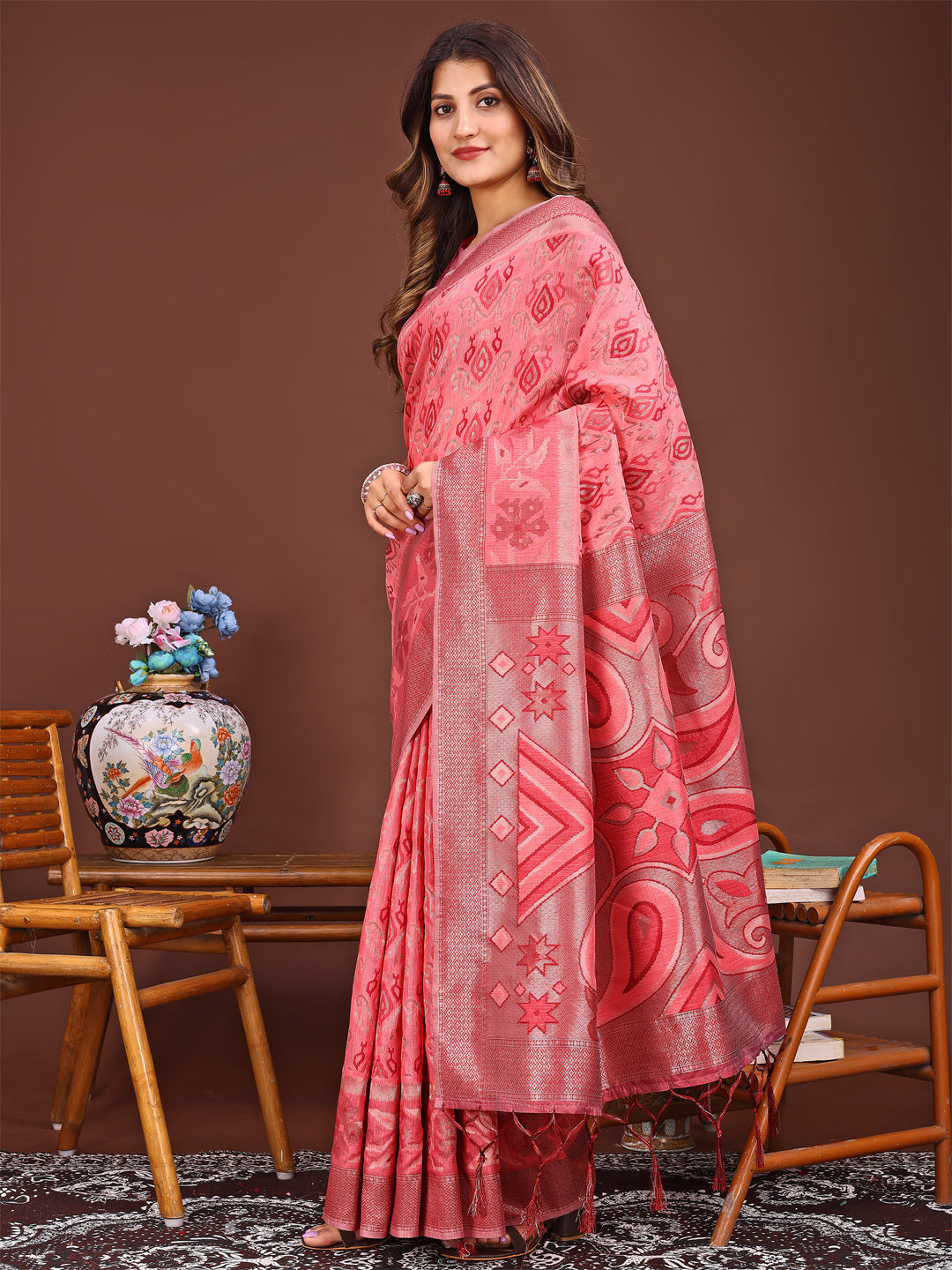 Gulbana Grace Linen Cotton Saree | Peach Color | Ready To Wear SKU- ASKRI1006
