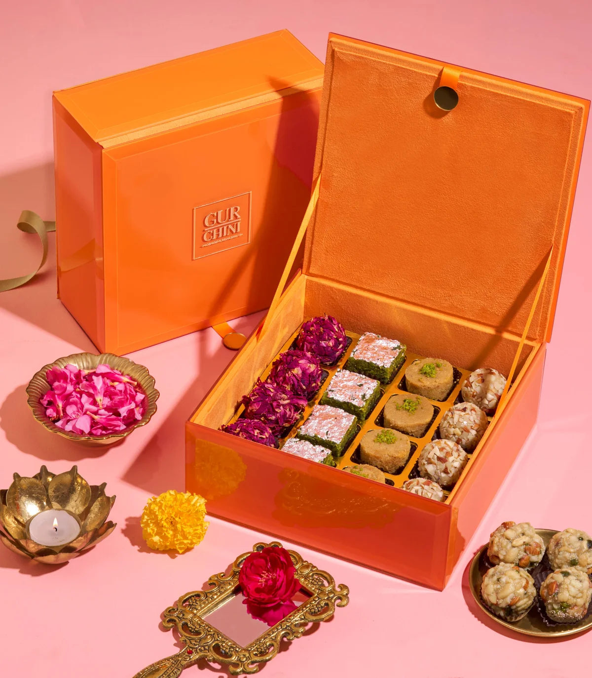 Gur Chini Luxury Orange Glass Top 16 Cavities Box