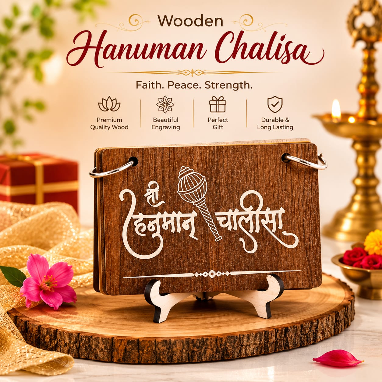 Premium Wooden Hanuman Chalisa Plaque with Stand | Hindi Engraved Pooja Decor