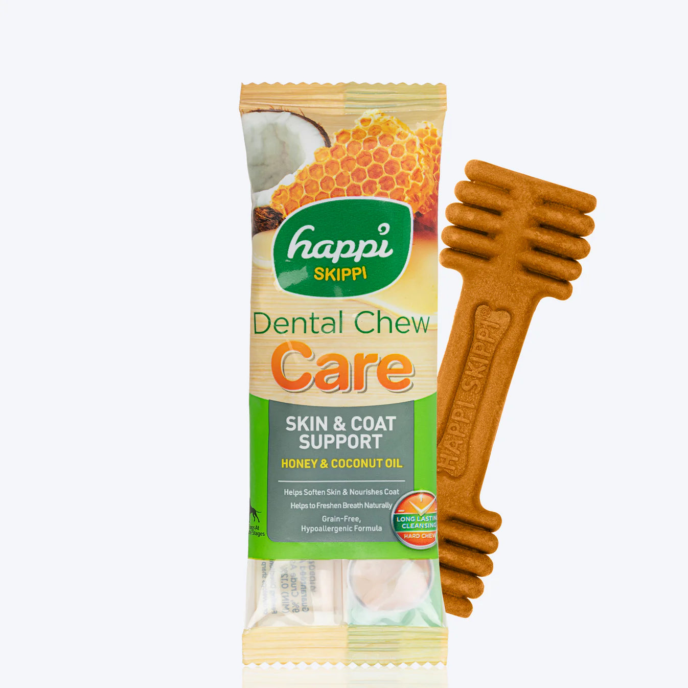 Happi Skippi Dental Chew Care Skin & Coat Support Honey & Coconut Oil Dog Treats - 4 inch - 25 gms each|100% Veg| Pack Of 4