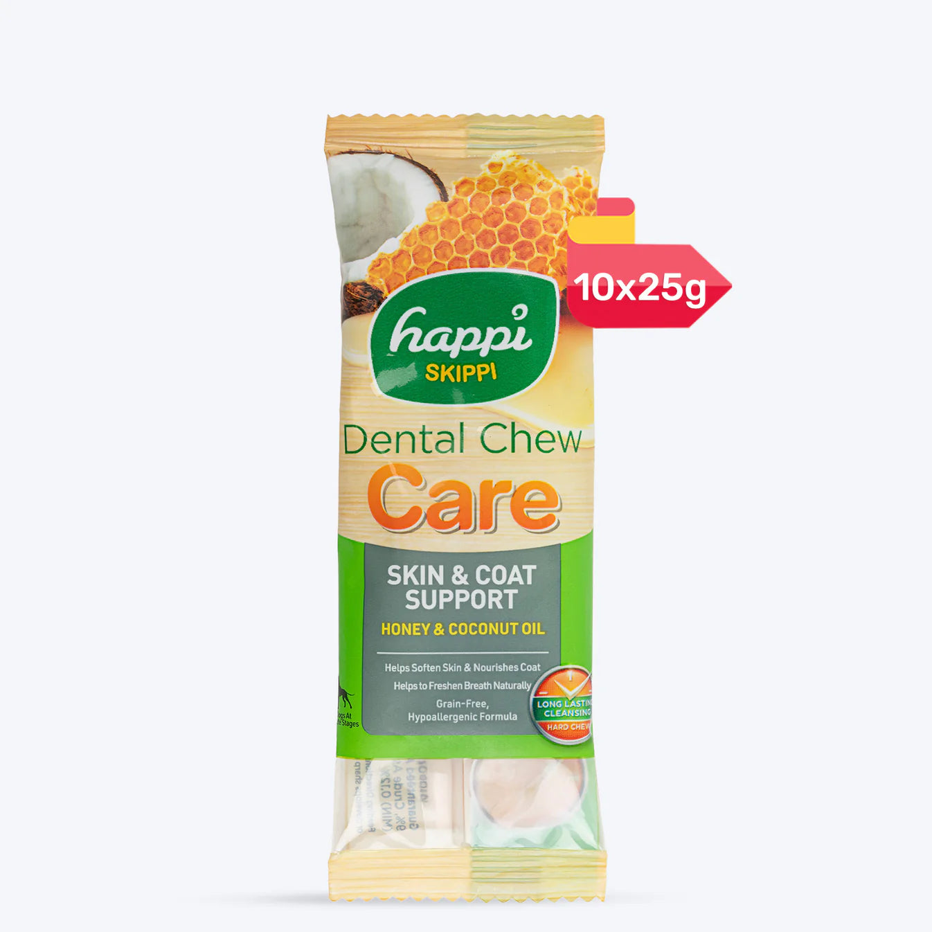 Happi Skippi Dental Chew Care Skin & Coat Support Honey & Coconut Oil Dog Treats - 4 inch - 25 gms each|100% Veg| Pack Of 4