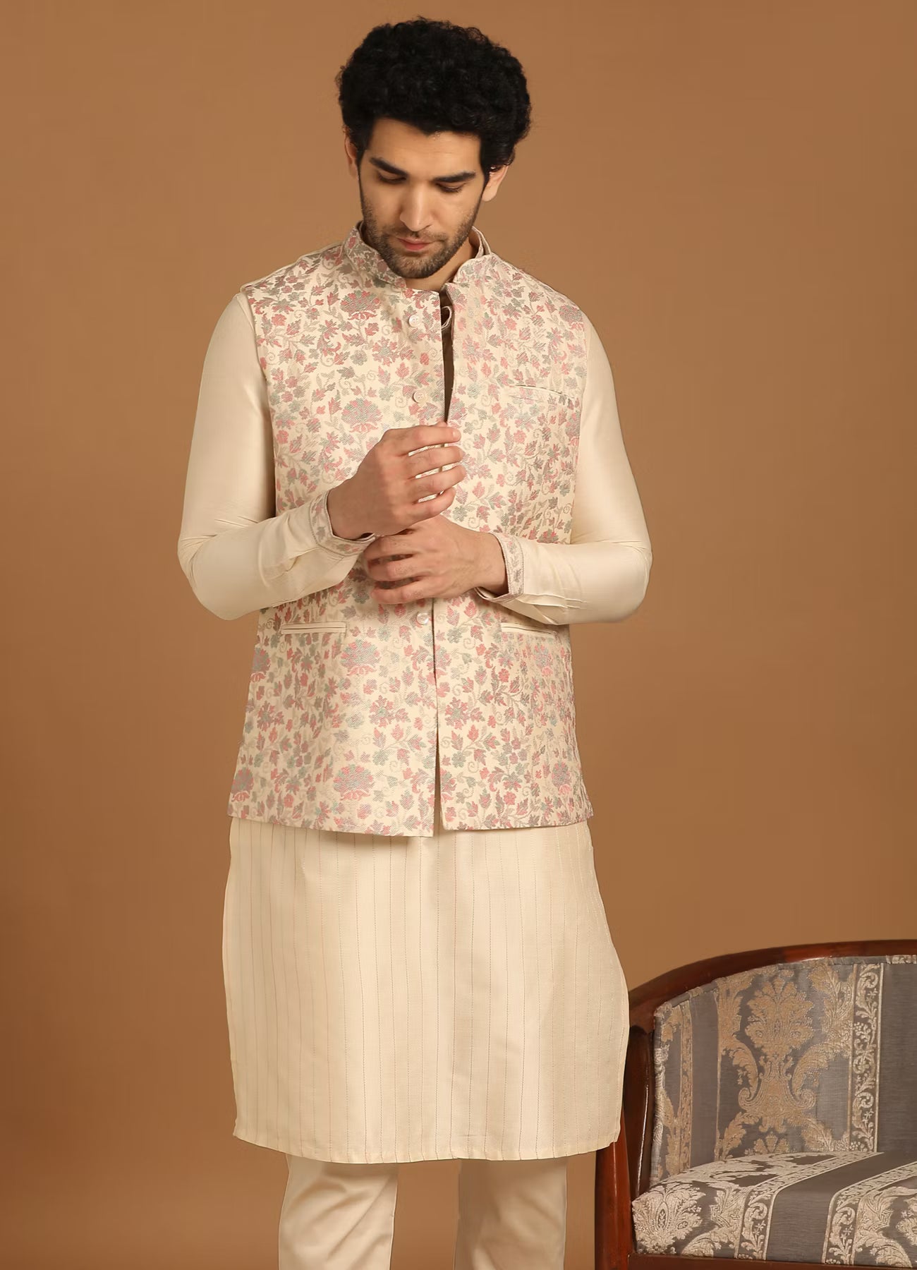 Manyavar Cream Floral Print Festive Kurta Jacket Set | Ready To Wear