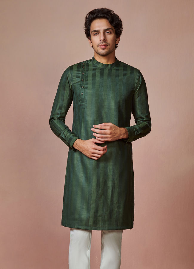 Manyawar Olive Green Self Striped Kurta - India shopping