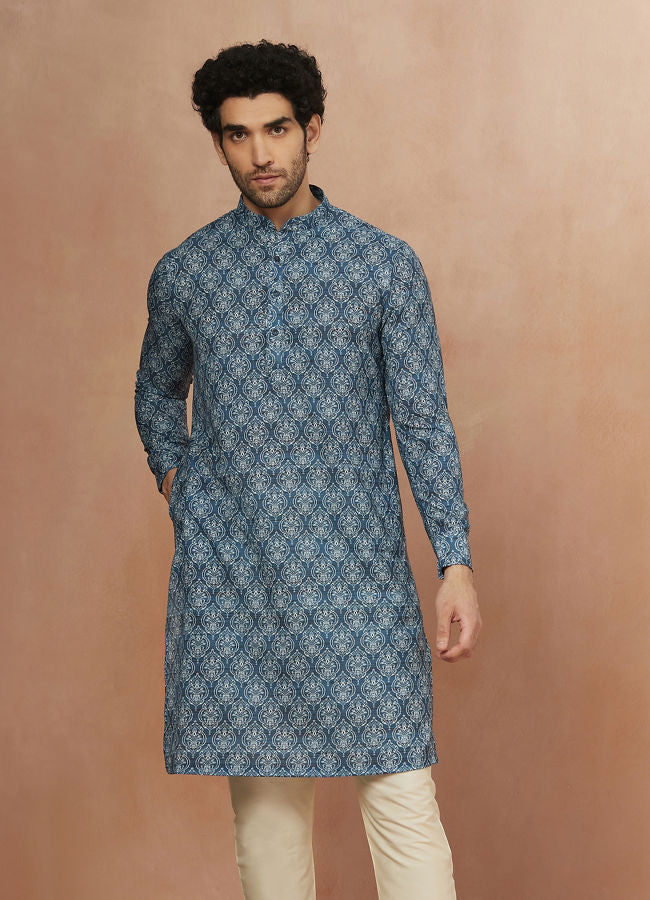Manyawar Sapphire Blue Printed Kurta - India shopping