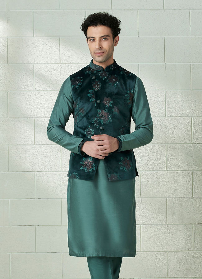 Manyawar Moss Green Printed Kurta Jacket Set - India shopping