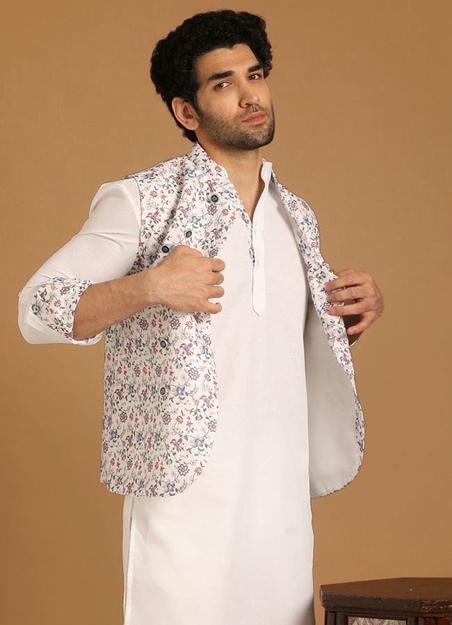 Manyawar Light Cream Floral Print Kurta Jacket Set - India shopping